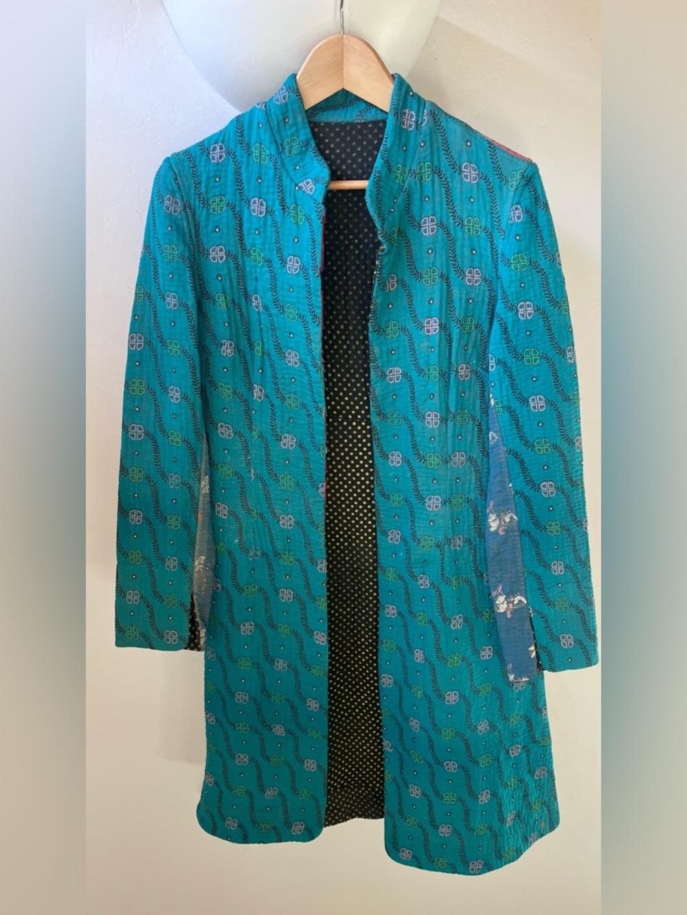 Neeru Kumar Teal Vintage Cotton Kantha Long Coat Women’s Small